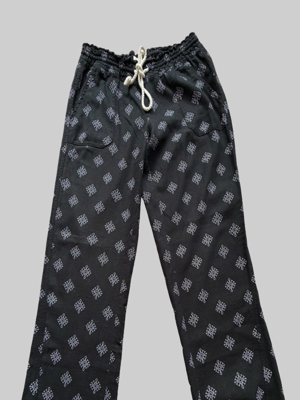 Roxy Black White Flax Linen Blend Drawstring Summer Cropped Pants-Sz-L